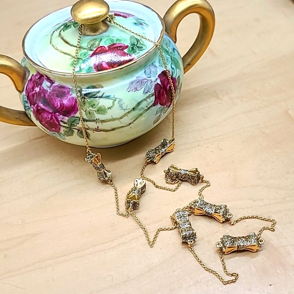 $158 Kate Spade "TAKE A BOW" Gold Stations XL Necklace w Cubic Zirconia Bows!